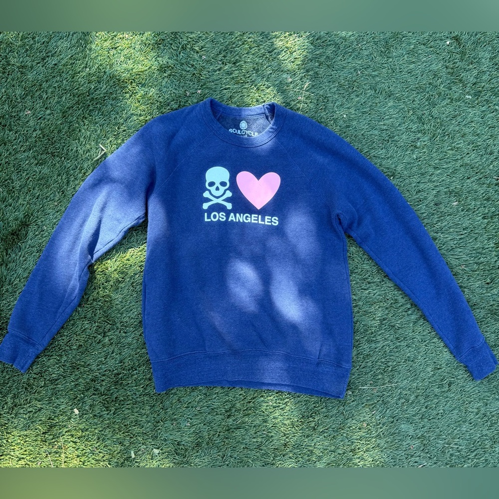 SoulCycle Blue Crewneck Sweater with Skull and Heart